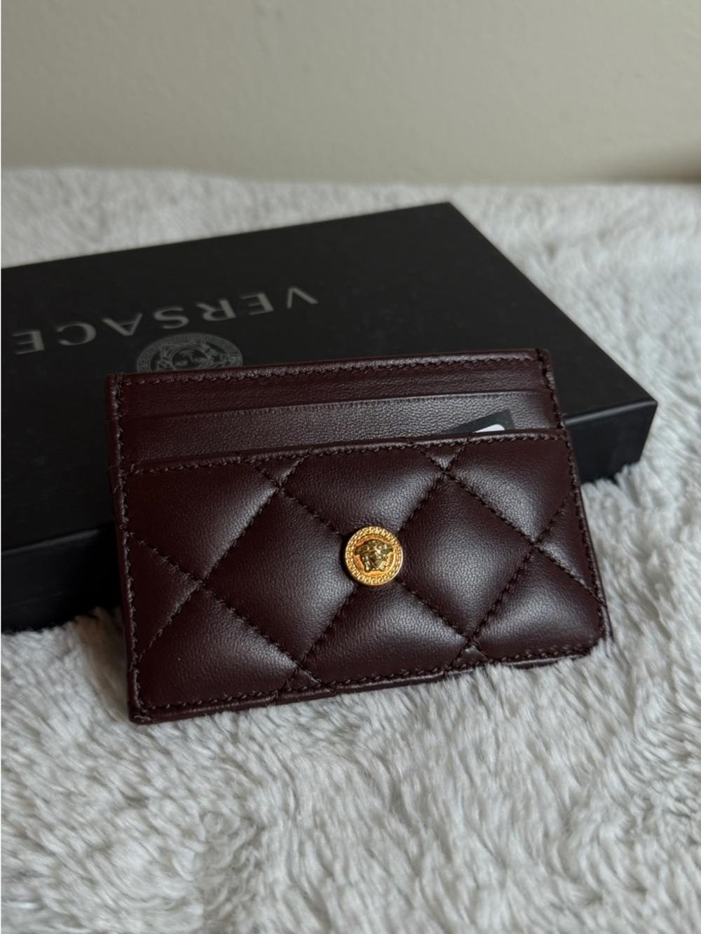 Versace Quilted Card Holder in Burgundy with Gold Medusa Button